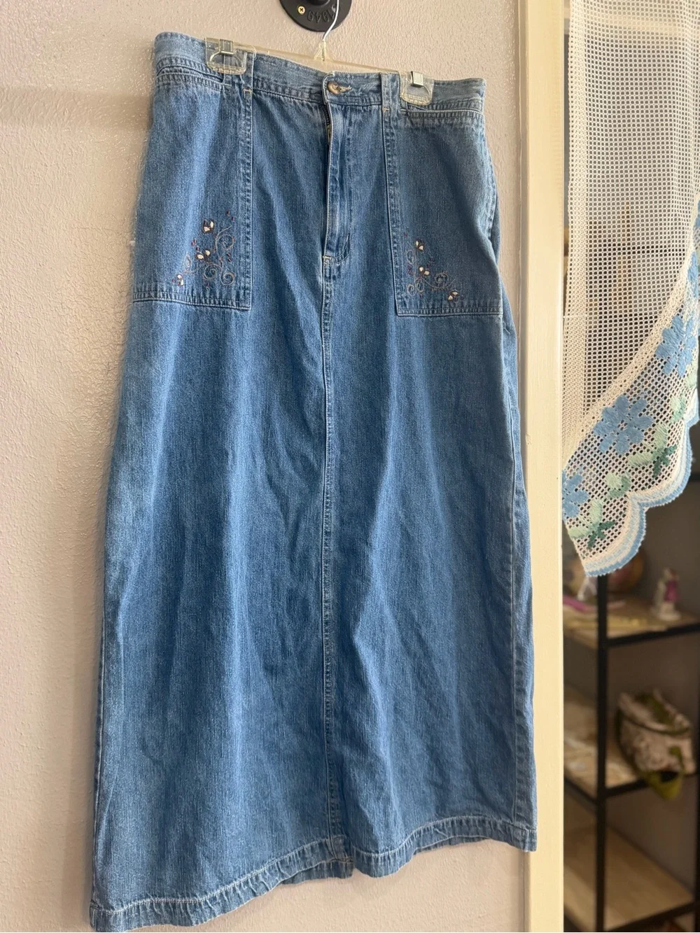 White Stag Blue Denim Maxi Skirt with Embroidered Pockets